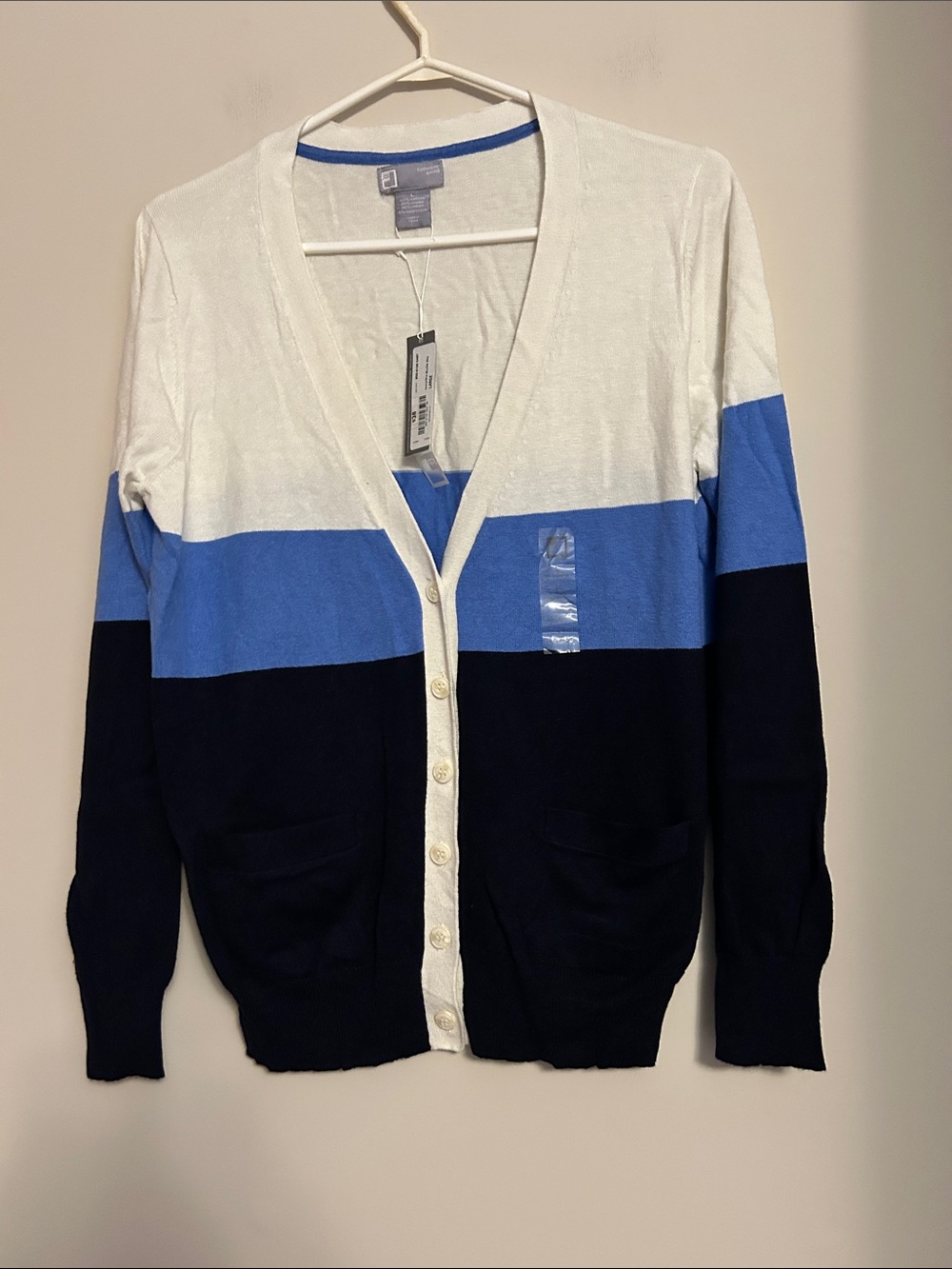 JCP white/blue/navy cardigan with white buttons VERY soft to the touch size L